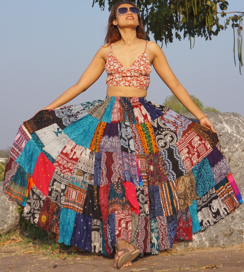 Patchwork Skirt Long Boho Hippie Tiered in 100% Silky Rayon Maxi Full & Flared Multicolored M XL Sizes image 8