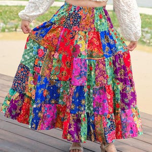 Patchwork Maxi Skirt * Bohemian Hippie Style * Long Floral Colorful Bright Multicolored * Cotton * Women * Medium to Large