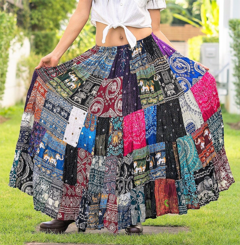 Patchwork Skirt Long Boho Gypsy Hippie Tiered in 100 Silky Etsy