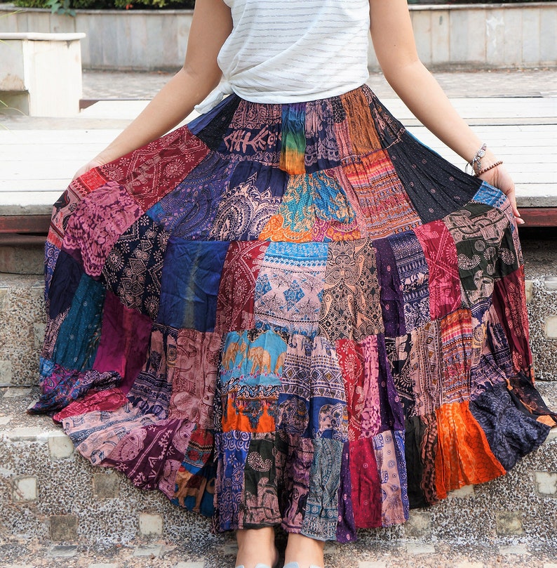 Boho Patchwork Skirt Long Gypsy Hippie Tiered in 100% Silky | Etsy