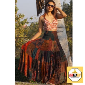 Patchwork Skirt Long Maxi Boho Hippie Dress Smocked Ruched Waist Flared Rayon Dark Multicolored Patterns image 4