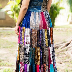 Patchwork Skirt Long Maxi Boho Hippie Dress Smocked Ruched Waist Flared Rayon Dark Multicolored Patterns image 8