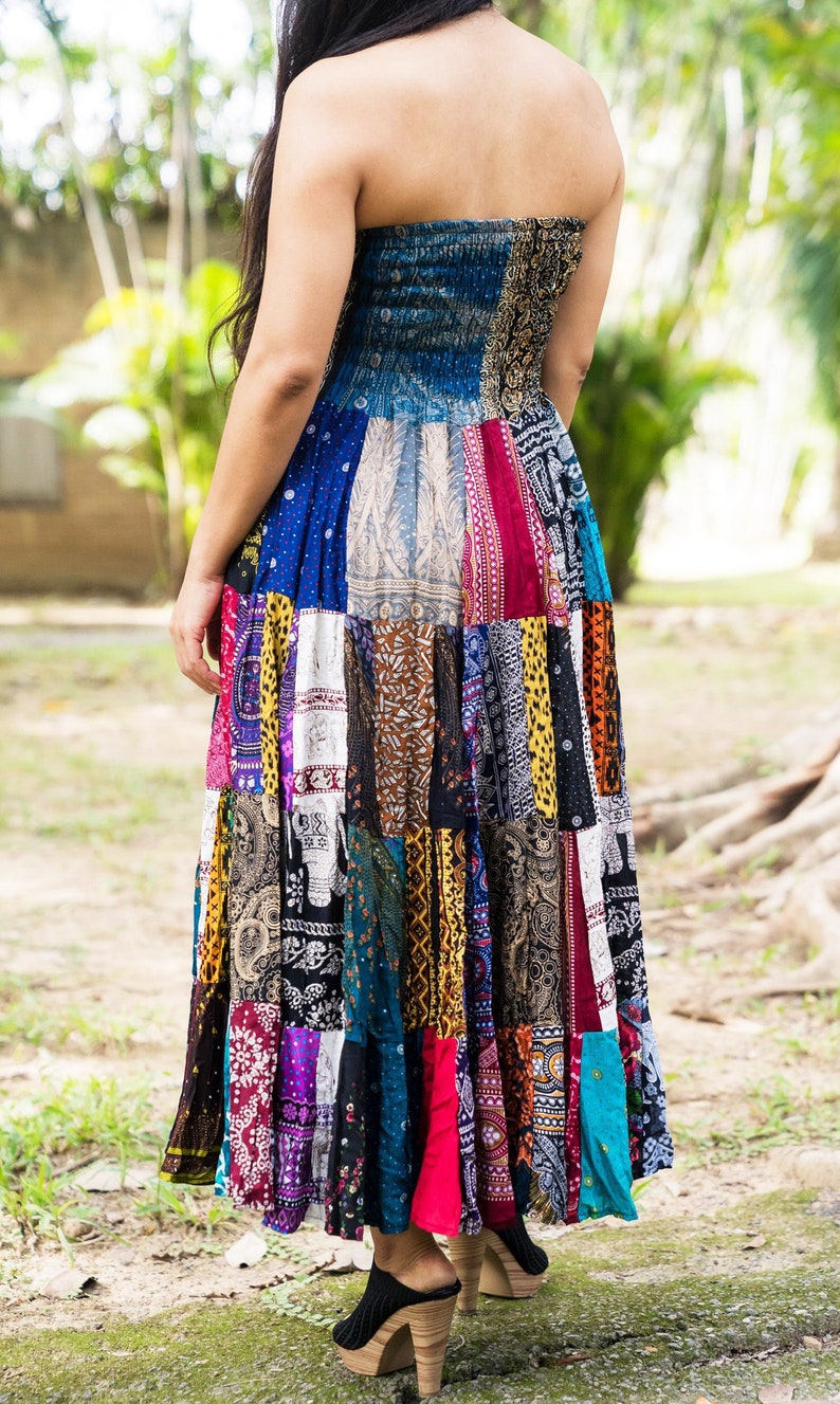 Patchwork Skirt Long Maxi Boho Hippie Dress Smocked Ruched Waist Flared Rayon Dark Multicolored Patterns image 8