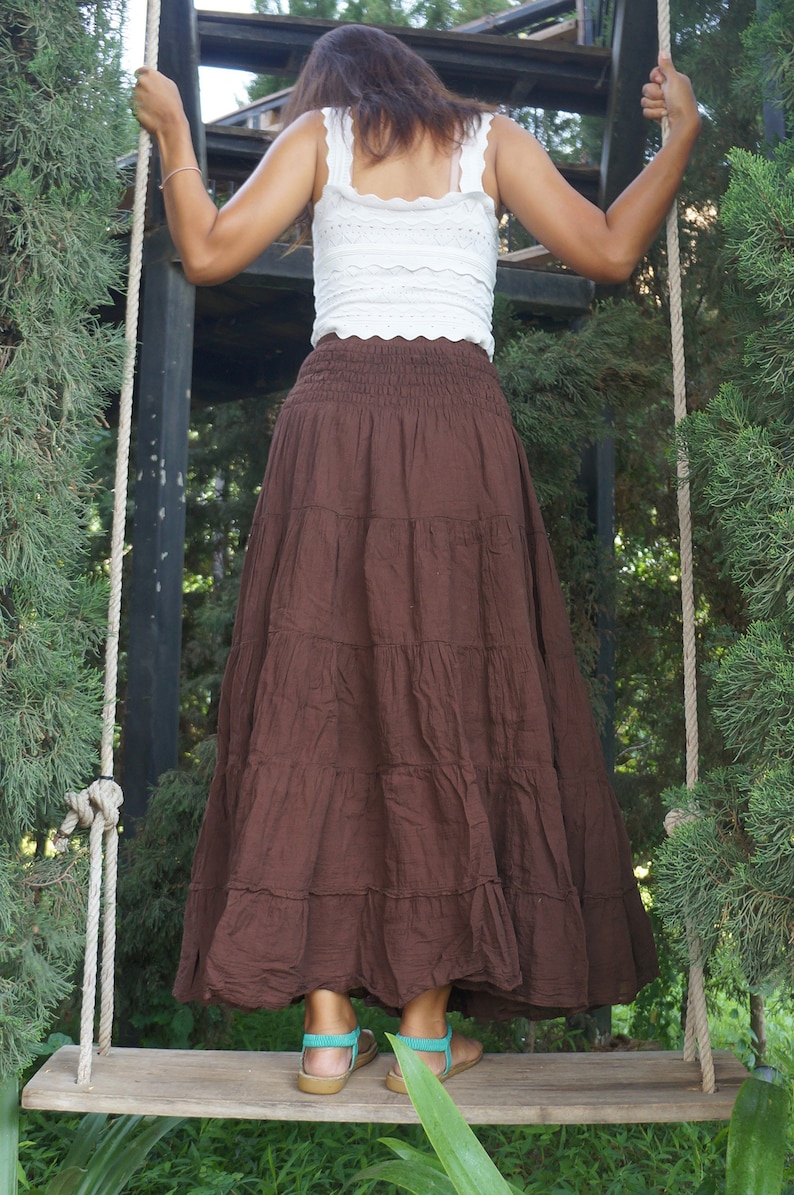 Brown Cotton Skirt Long Boho Flared Tiered Maxi Solid Plain Color Elasticated Deep Waistband image 3
