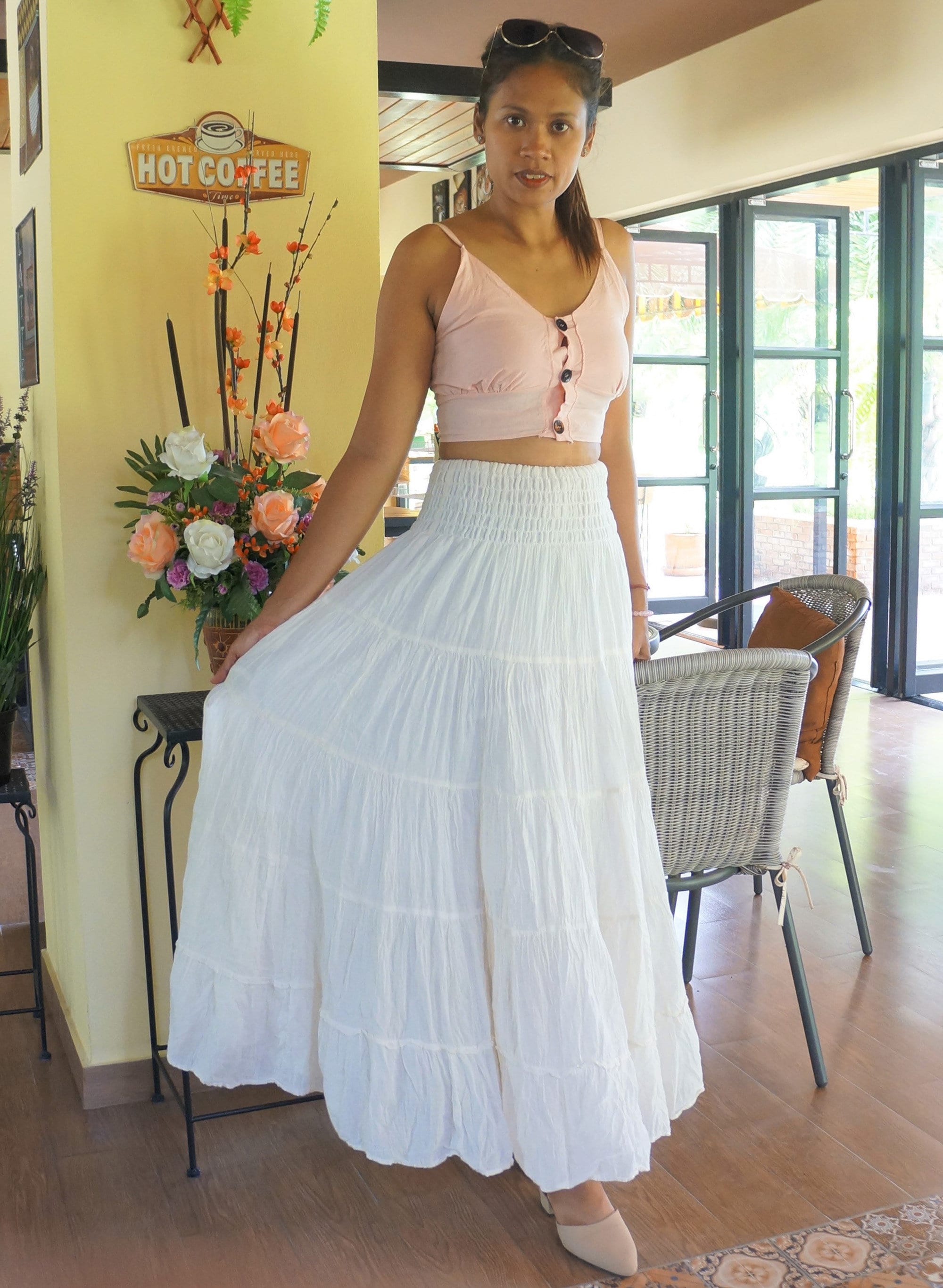 White Gypsy Skirt Long Boho Cotton Flared Tiered Maxi Etsy