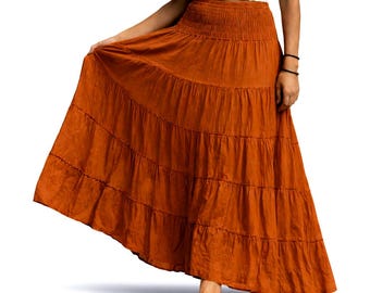 ORANGE SKIRT, Double Cotton Gauze Skirt, Tiered Peasant Maxi Skirt