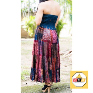 Patchwork Skirt Long Maxi Boho Hippie Dress Smocked Ruched Waist Flared Rayon Dark Multicolored Patterns image 5