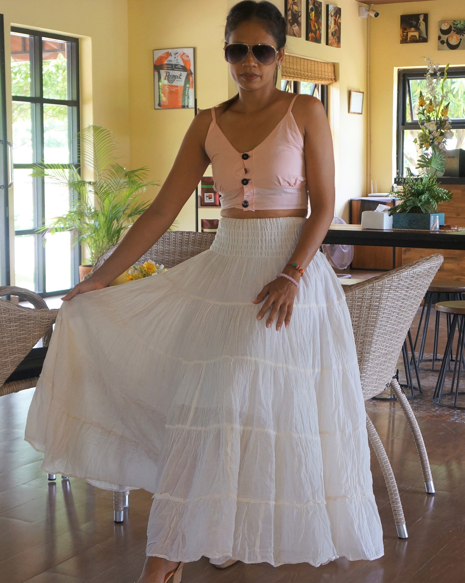White Gypsy Skirt Long Boho Cotton Flared Tiered Maxi Etsy