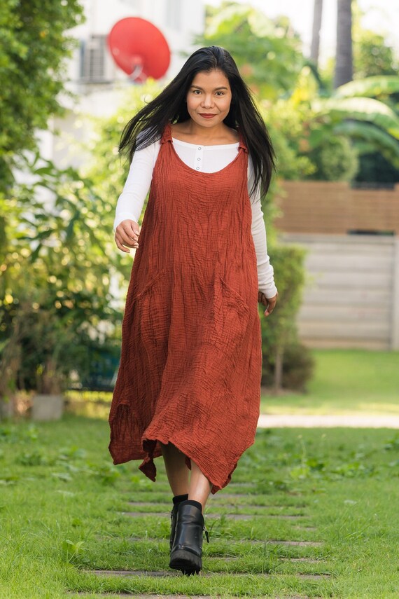 High Low Pinafore Dress Terracotta Burnt Orange Irregular Dress