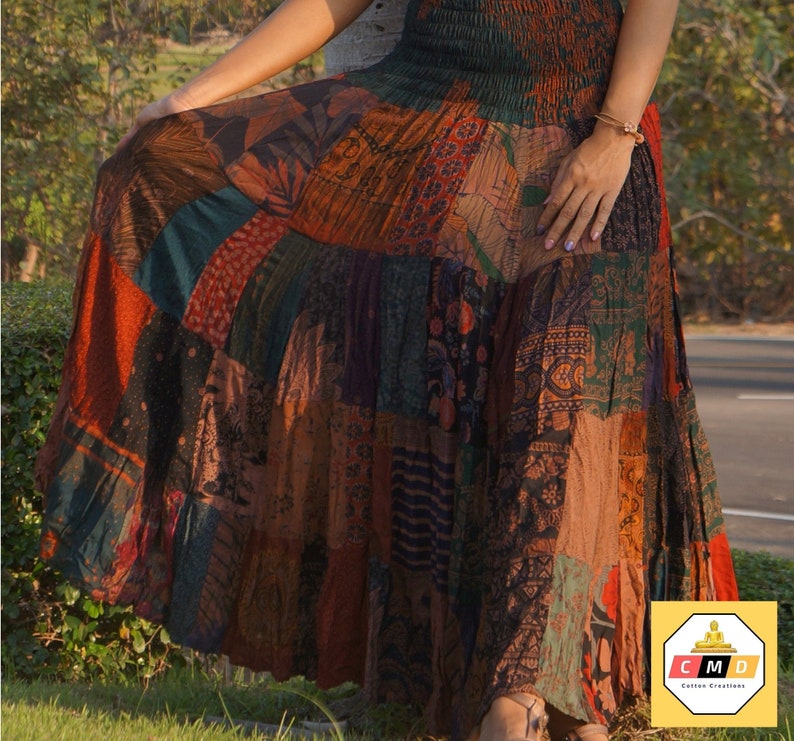 Patchwork Skirt Long Maxi Boho Hippie Dress Smocked Ruched Waist Flared Rayon Dark Multicolored Patterns image 3