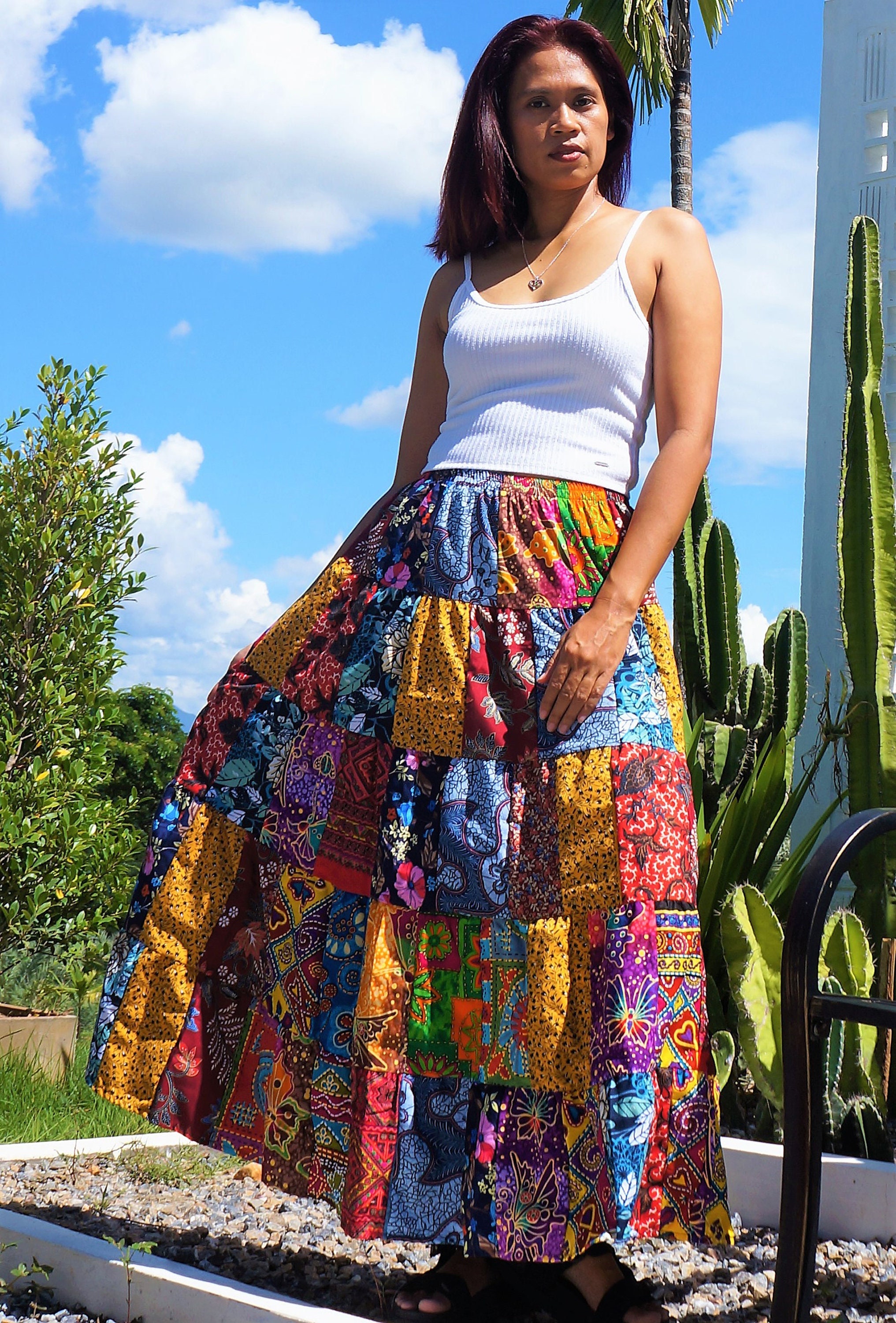 Long Patchwork Skirt for Women Cotton Tiered Flared Gypsy - Etsy