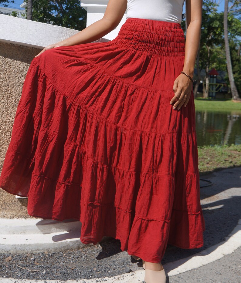 Red Gypsy Skirt  Long Boho Cotton   Flared Tiered Maxi  Red