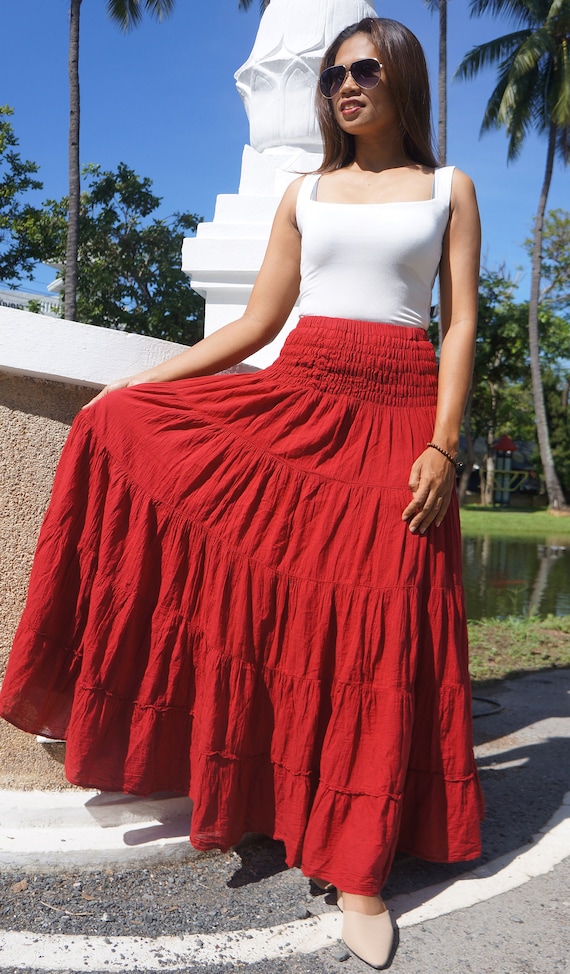 Red Gypsy Skirt Long Boho Cotton Flared Tiered Maxi - Etsy