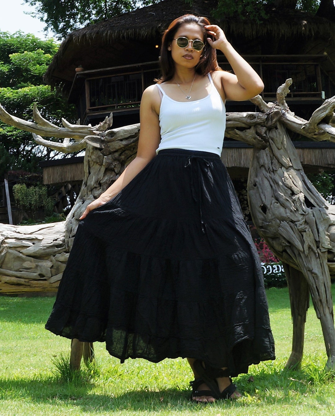 Black Boho Skirt Soft Flowing Cotton Flared Tiered Maxi Etsy