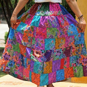 Patchwork Skirt Cotton Batik Bohemian Hippie Style Long Maxi Length Colorful Bright Pastel Multicolored Women Medium Large image 3