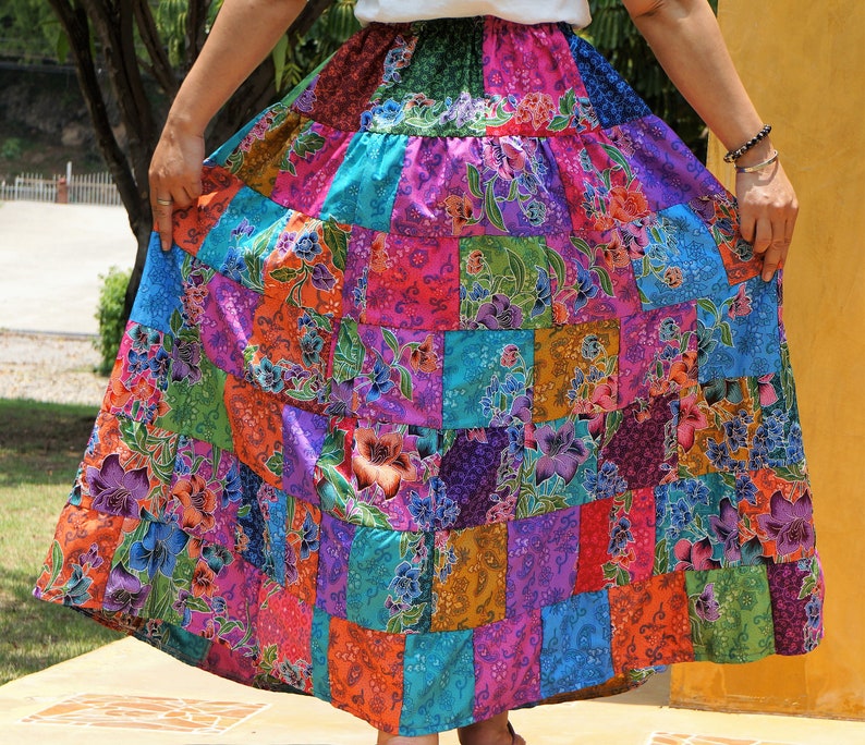 Patchwork Skirt Cotton Batik Bohemian Hippie Style Long Maxi Length Colorful Bright Pastel Multicolored Women Medium Large image 3