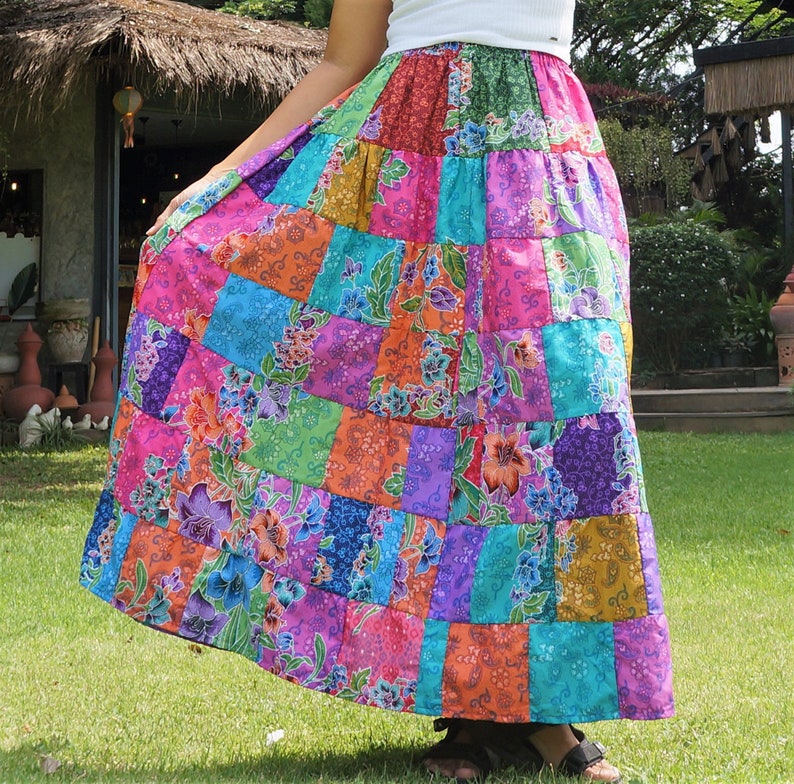 Patchwork Skirt Cotton Batik Bohemian Hippie Style Long Maxi Length Colorful Bright Pastel Multicolored Women Medium Large image 5