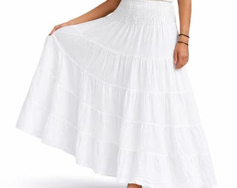 White Cotton Skirt * Long Boho  * Flared Tiered Maxi * Solid Plain Color * Elasticated Deep Waistband