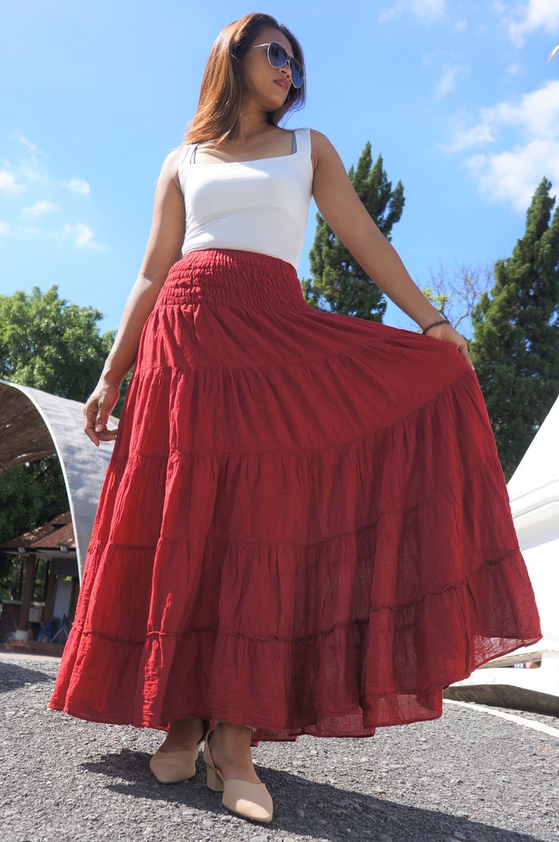Red Gypsy Skirt  Long Boho Cotton   Flared Tiered Maxi  image 5
