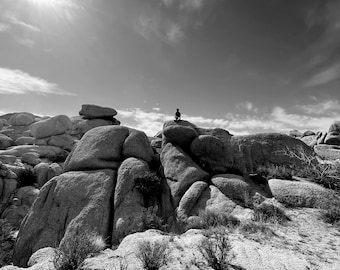 Estampado de Joshua Tree, paisaje desértico en blanco y negro, arte rupestre con figura solitaria (descarga digital)
