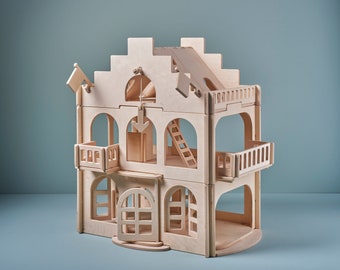 Wooden Dollhouse Kids' Sustainable Playhouse - Functional, Sturdy and Easy to Assemble.Lovelties