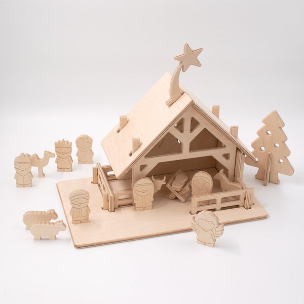 Weihnachtskrippe aus Holz. Modell 2023, Mit 12 Figuren, minimalistisch und stilvoll. Funktionell, robust und leicht auf- und abbaubar