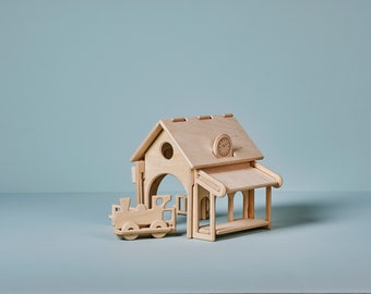 Wooden toy station with train