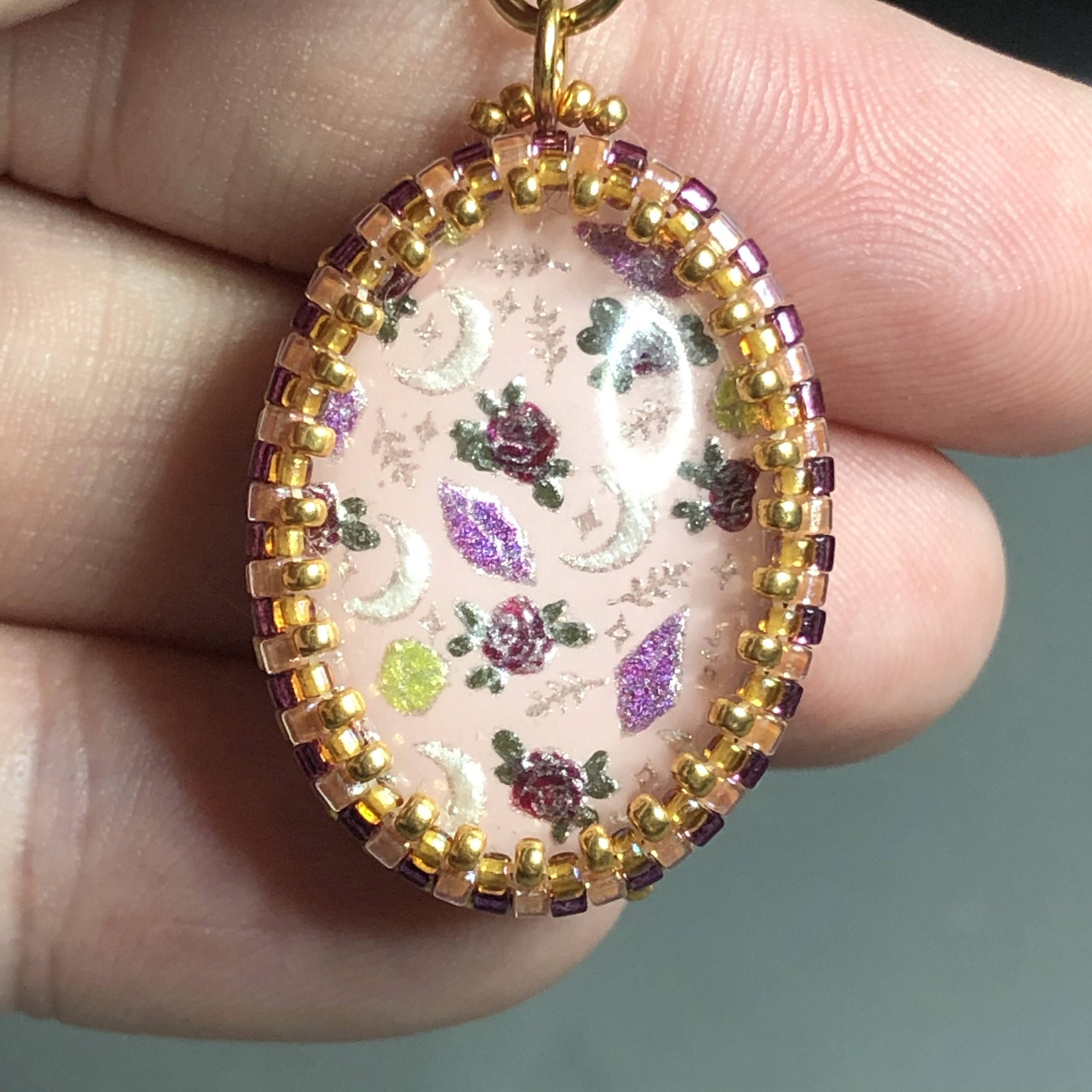 Bead Embroidered Hand Painted Cabochon Pendant Pink Crystal Etsy UK