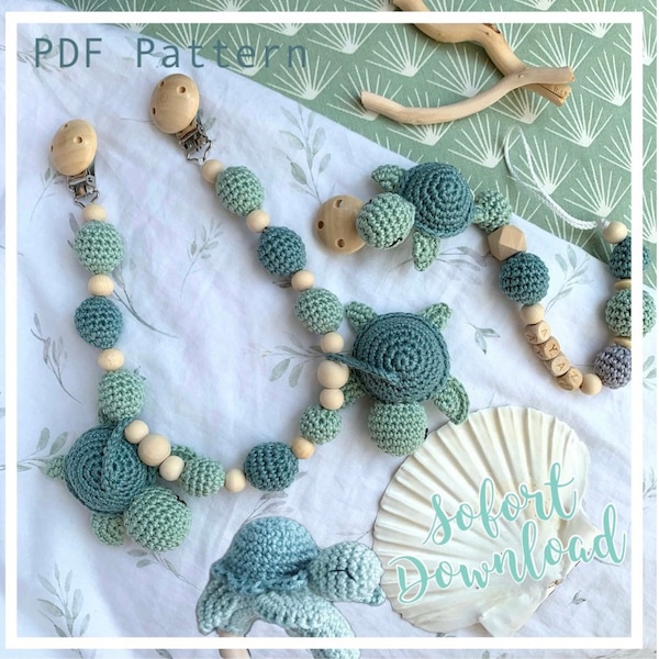 Amigurumi Turtle Sea Creatures Stroller Pram Pacifier Teether Crochet Pattern Crochet Pattern German English PDF download DIY