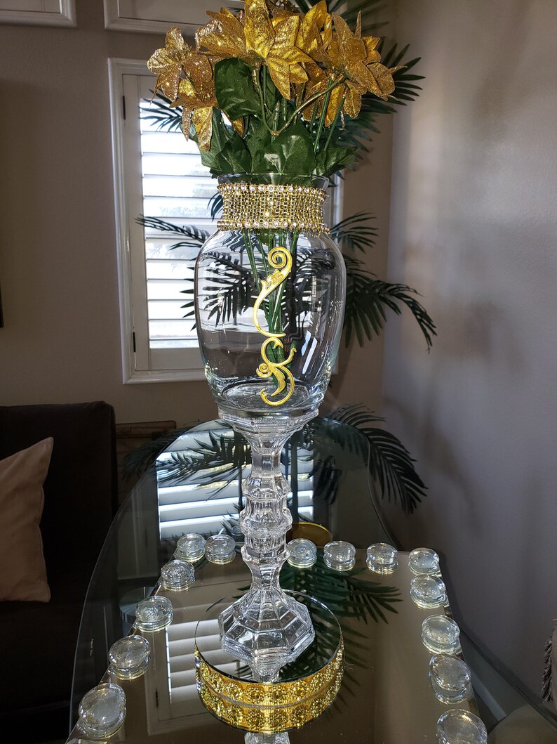 Elegant Tall Glass Centerpiece With Gold Diamond Wrap Accent Etsy