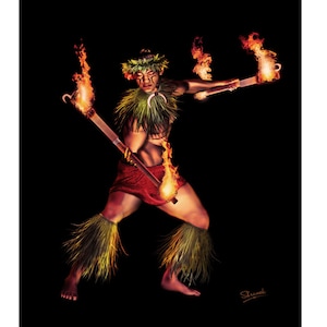 May include: A male fire dancer wearing a grass skirt and a lei, performing with two flaming torches. The dancer is in mid-air, with flames shooting out from the torches. The background is black.