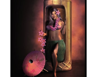 May include: A woman wearing a pink bikini top and a green grass skirt with pink flowers in her hair and around her neck stands inside a large, golden, textured cylinder. She is holding a pink flower in her hand. A pink and white umbrella is on the floor in front of her.