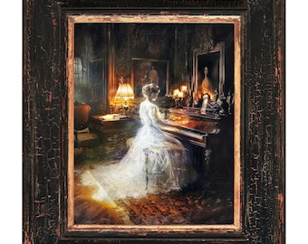 Victorian Ghost Painting: Haunting Piano Melody, Gothic Wall Art