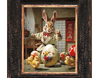 Karate Hase Vintage Oster Kunstdruck - zauberhaftes Poster für Kinderzimmer Dekor