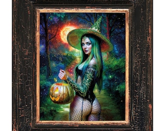 Halloween Hexe Kunstdruck, Gothic Wand-Dekor, Gruselige dunkle Malerei, Witchy Ästhetisches Poster, Dark Academia Wandkunst, Halloween Wohndekor
