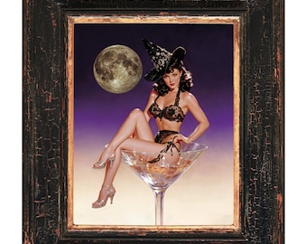 Halloween Hexe Pin Up Kunstdruck, Gruselige Retro Stil Wanddekoration, Festliches Vintage Ästhetisches Plakat, Geschenk für Halloween Liebhaber