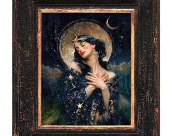 Mondgöttin Kunstdruck | Night & Stars Mythologie Poster | Gothic Dark Academia Dekor | Premium Semi-Glossy Paper Geschenk