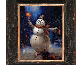 陽気な雪だるまの絵画アートプリント：冬のホリデーデコレーション