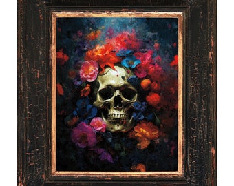 Floral Skull Art Print: Gothic Halloween, Dark Academia Decor