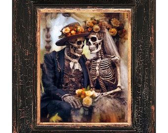 Skeleton Couple Original Art Print. Halloween Skeleton Wall Art. Day of the Dead Gift For Couple. Unframed