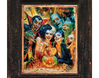 Halloween Monster Party Poster, Bunte Comic Stil Wandkunst, Gruselige lustige Raumdekoration, Retro Horror Print, Einzigartige Halloween Geschenkidee