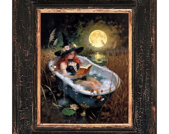 Hexe lesen Badewanne Kunstdruck | Dunkel Romantische Fantasy Badezimmer Dekor | Premium Semi-Glossy Poster Geschenk