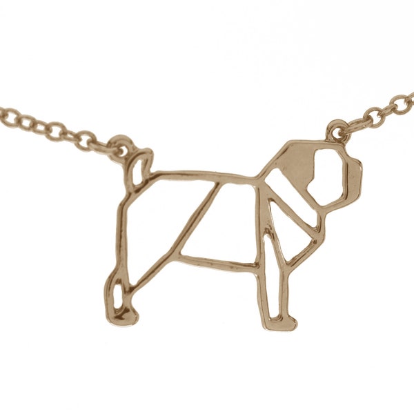 Halskette Mops Pug Origami Geometrie, Edelstahl Hochglanz, rotgold