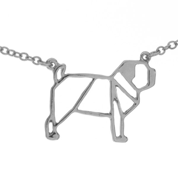 Halskette Mops Pug Origami Geometrie, Edelstahl Hochglanz, silber