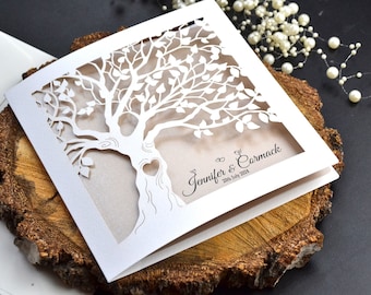 Faire-part de mariage avec enveloppes, faire-part de mariage découpé au laser avec arbre blanc avec enveloppes, mariage rustique découpé au laser