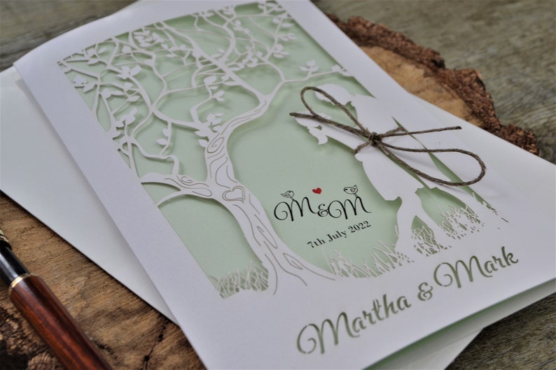 Wedding invitation, Tree laser cut wedding invitations with envelopes, white invitation, rustic invitation, vintage invitation, mint invite image 2