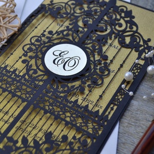 wedding invitation, printed wedding invitation, gate invitation, black invitation, laser cut invitation, rustic invitation, gold invitation,