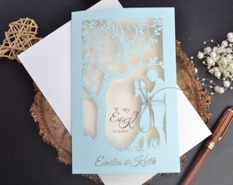 Wedding invitation, Laser cut tree wedding invitation with envelope, light blue rustic wedding invitation , handmade wedding invitation