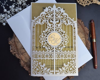 wedding invitation, printed wedding invitation, gate invitation, laser cut invitation, rustic invitation, gold invitation,