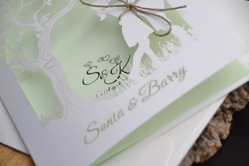 Wedding invitation, Tree laser cut wedding invitations with envelopes, white invitation, rustic invitation, vintage invitation, mint invite image 6